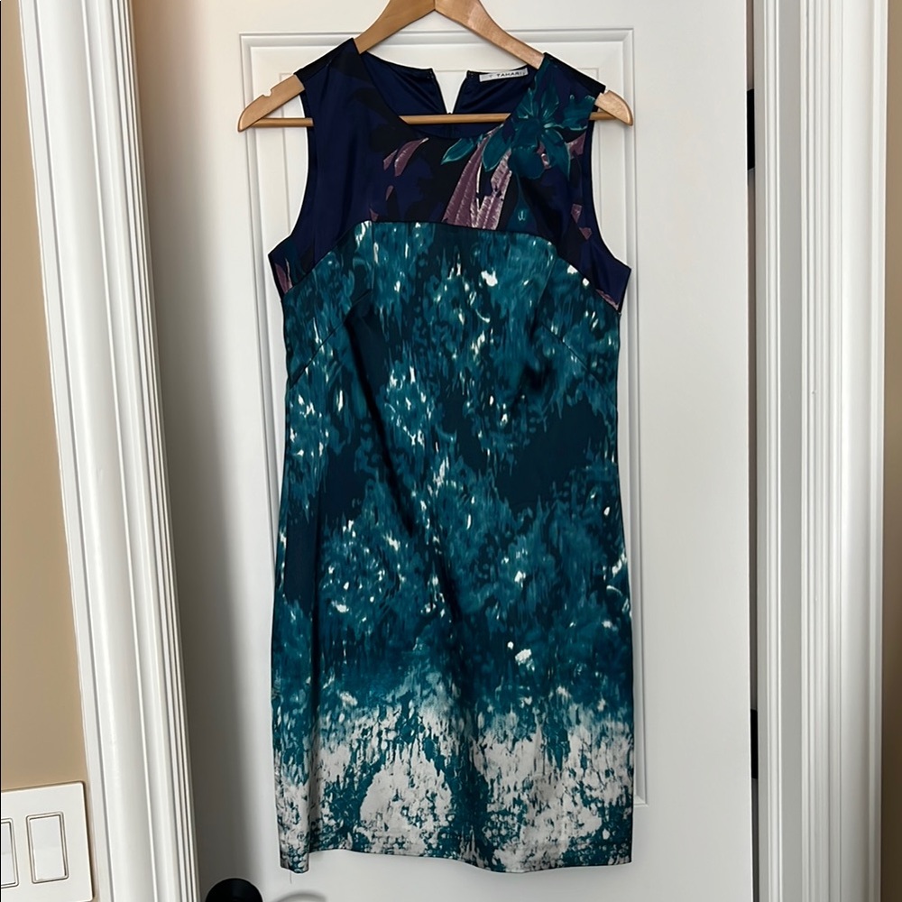 T Tahari Blue and White Midi Dress with Sophisticated Style
